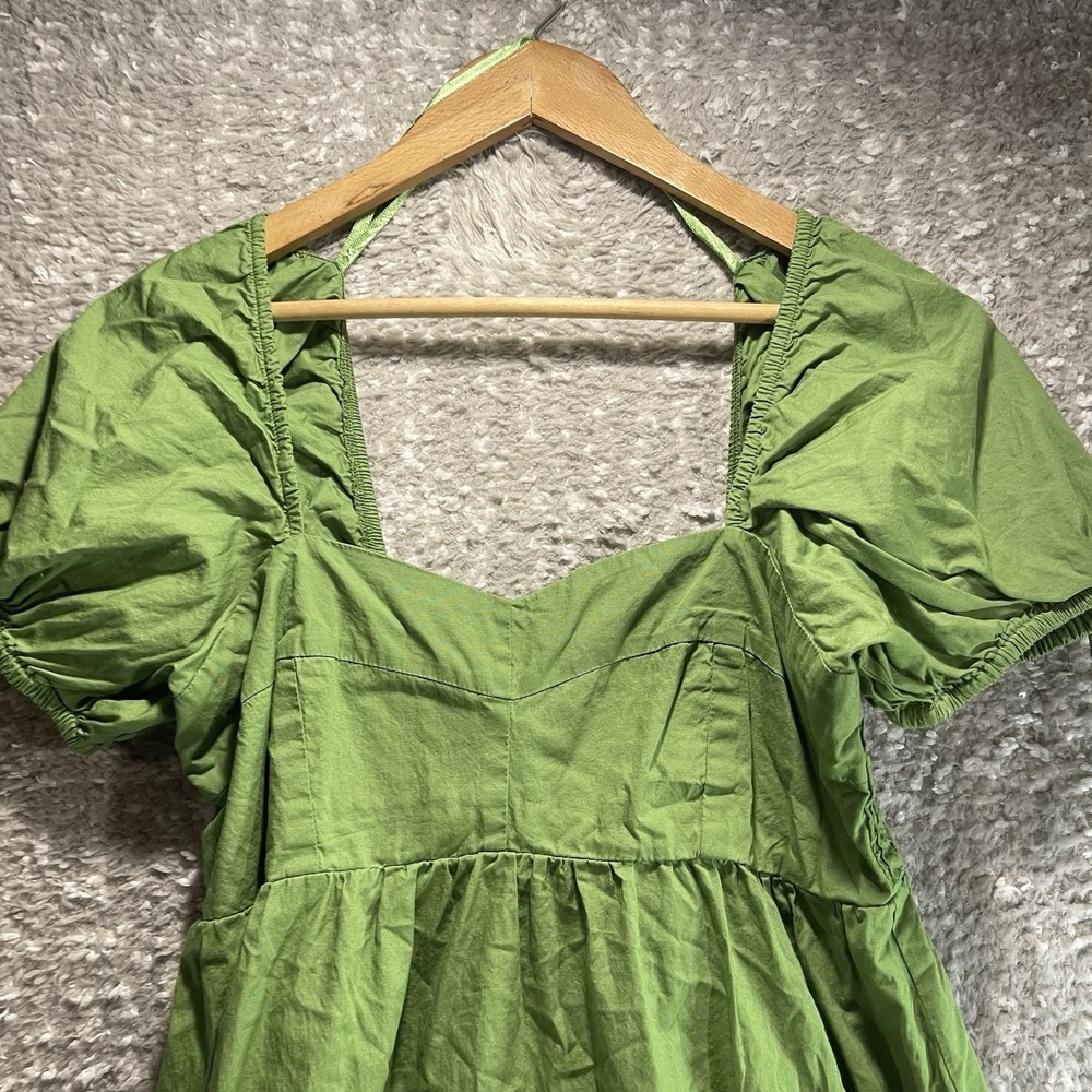 Sim & Sam Mini-Dress Tiered Smocked Fairy Babydoll Puff Sleeve XL Cotton Green - Picture 3 of 11